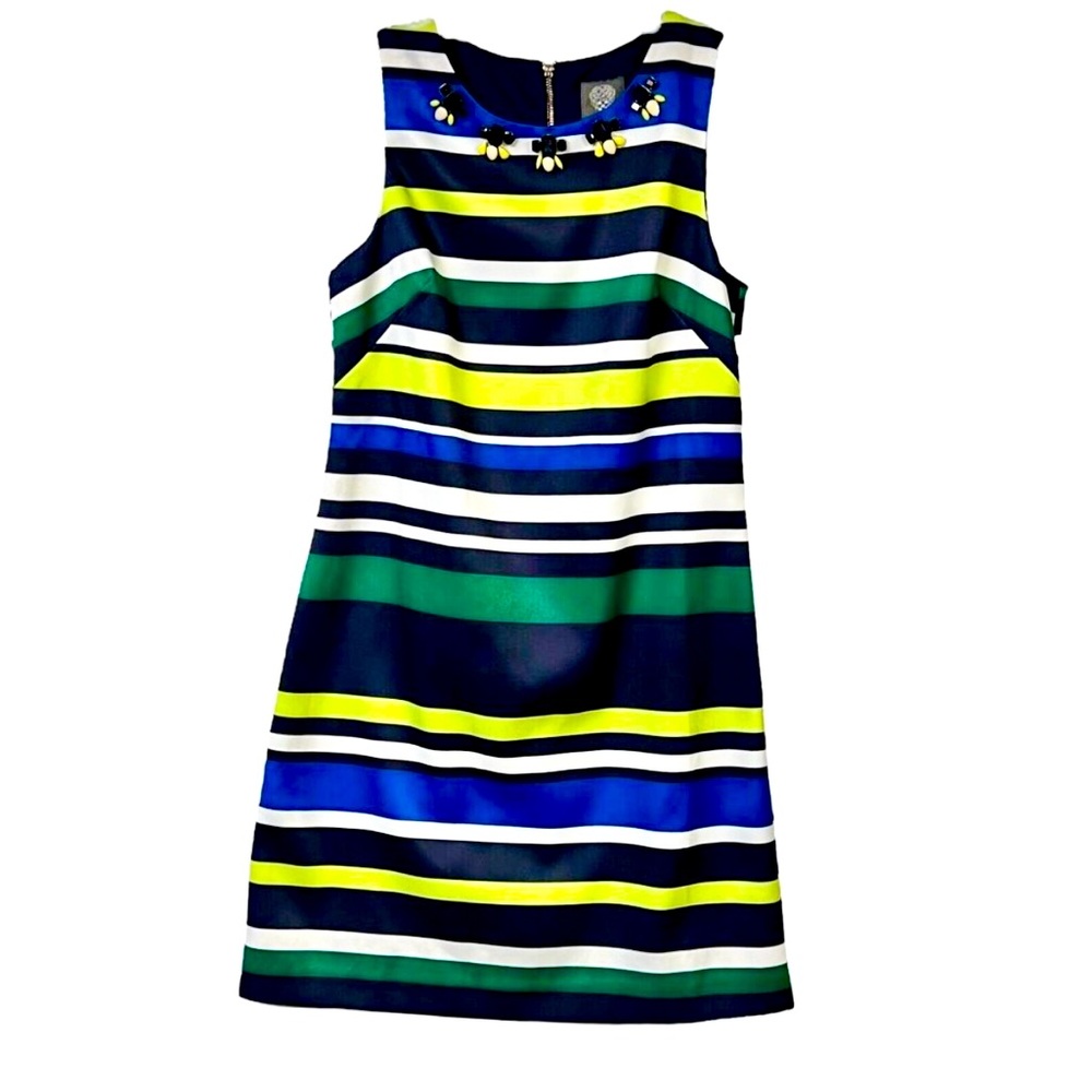 Vince Camuto Vibrant Dress! With fabulous jewels! Sleeveless. Very flattering!